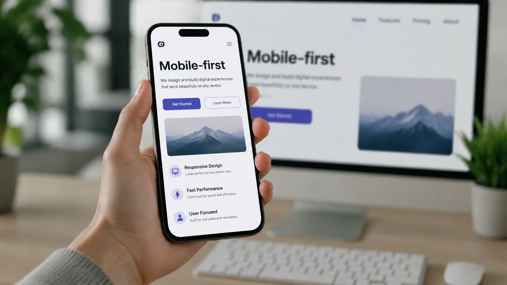 A hand holds a smartphone displaying a mobile-first website design while a computer monitor shows the desktop version.
