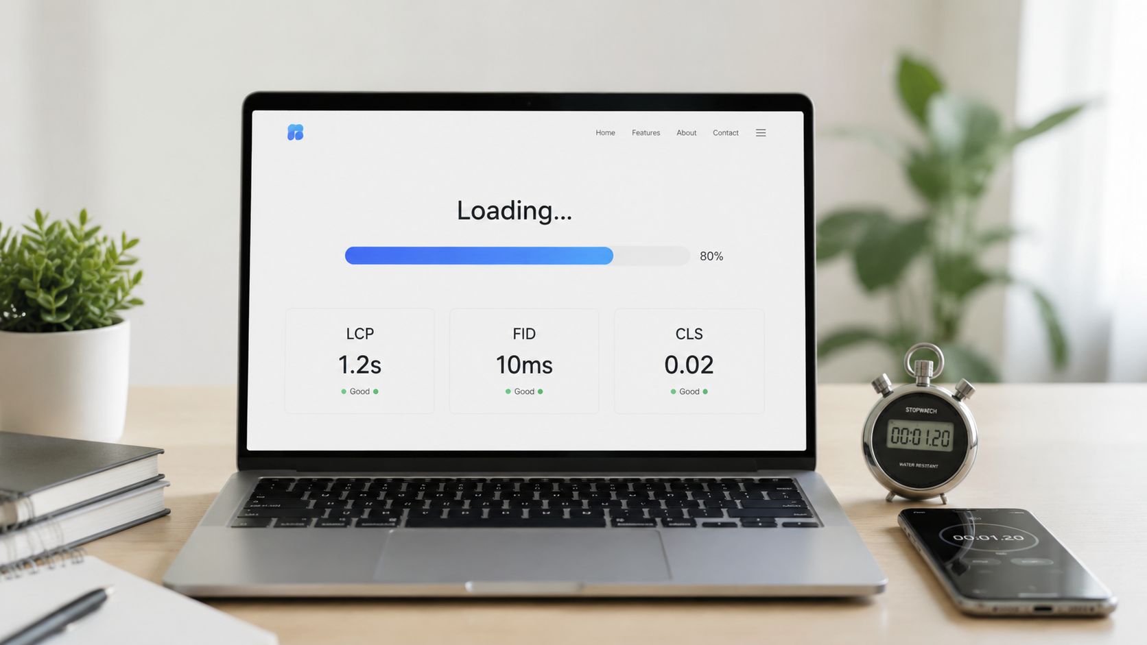 An open laptop displays web performance metrics including LCP, FID, and CLS scores on its screen.