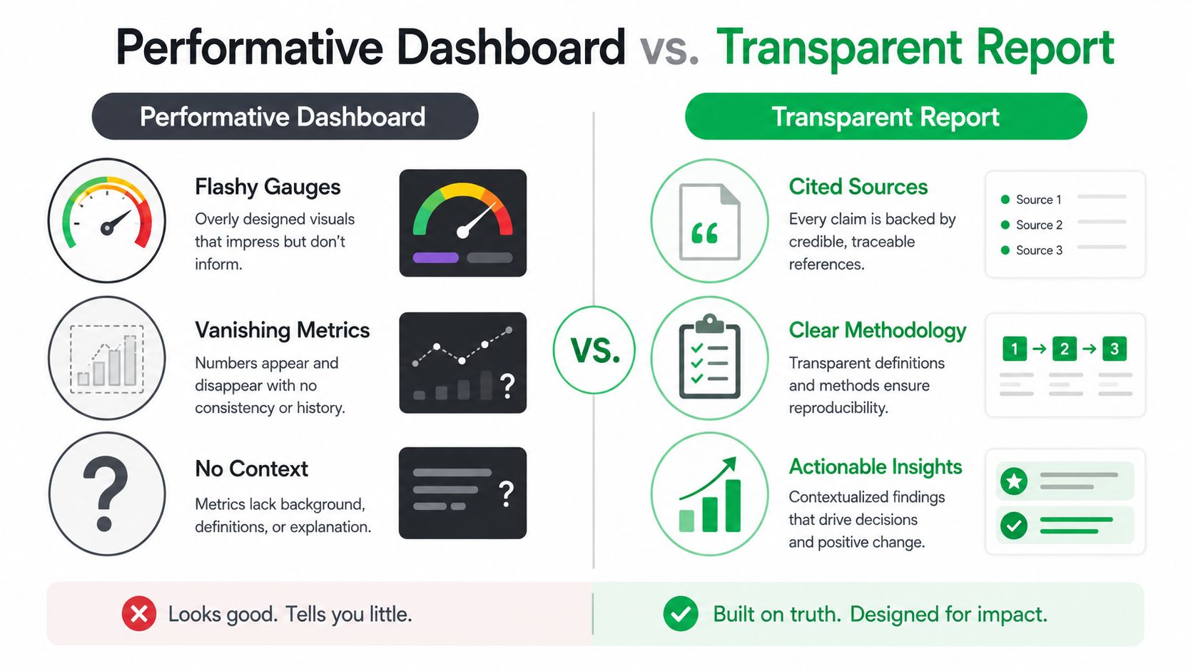 A comparative chart illustrating the differences between performative dashboards that lack substance and transparent reports that provide actionable insights.