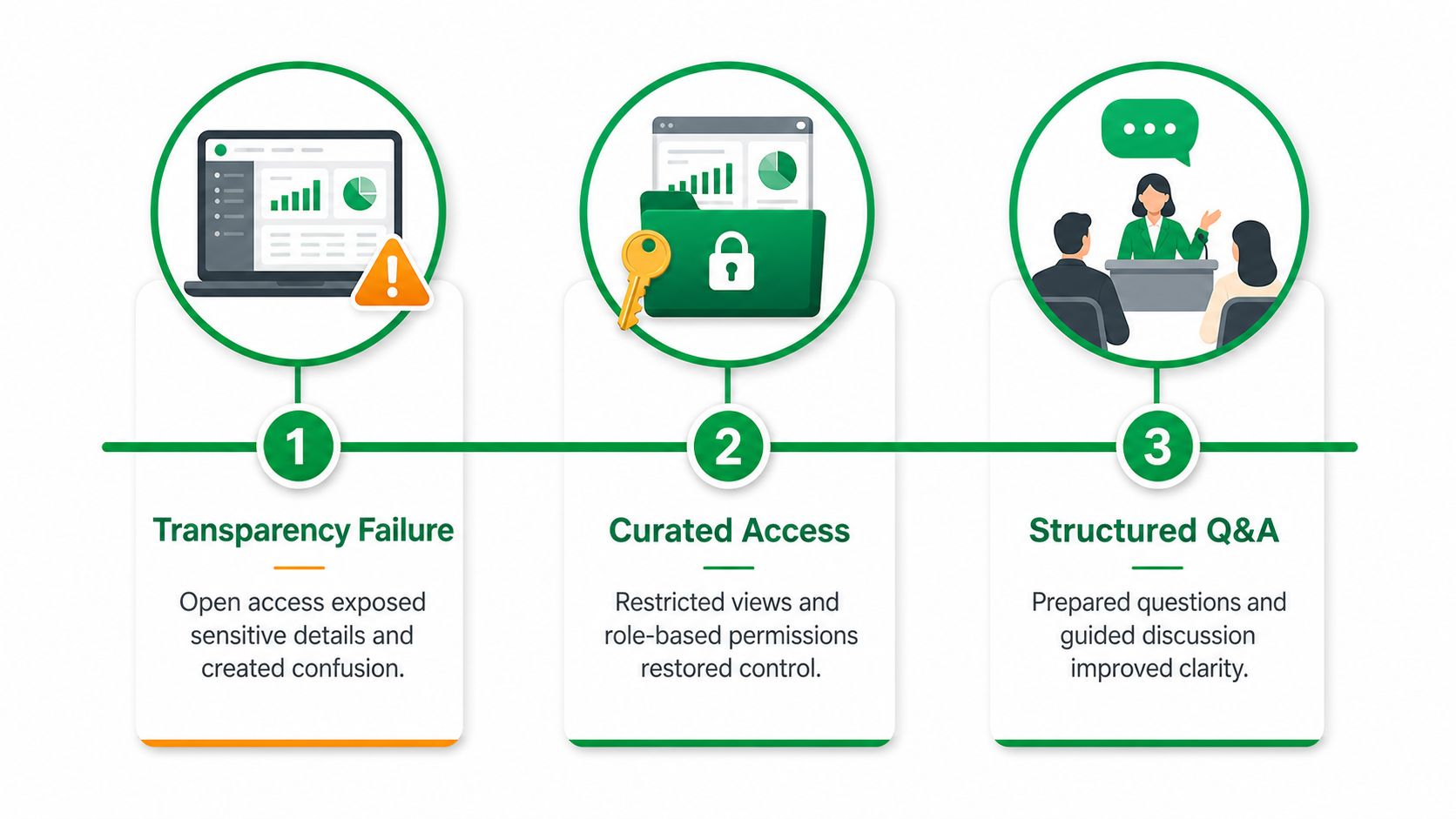 A three-step infographic showing the evolution from transparency failure to curated access and structured Q&A communication.