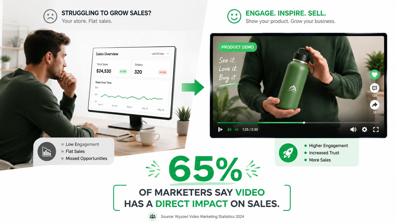 A split image contrasting flat sales statistics with a successful product demonstration video showing increased business growth.