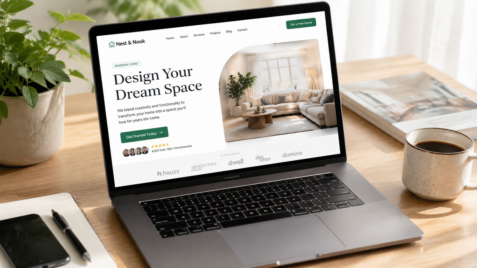 A modern laptop displaying a professional interior design business website on a wooden office desk.