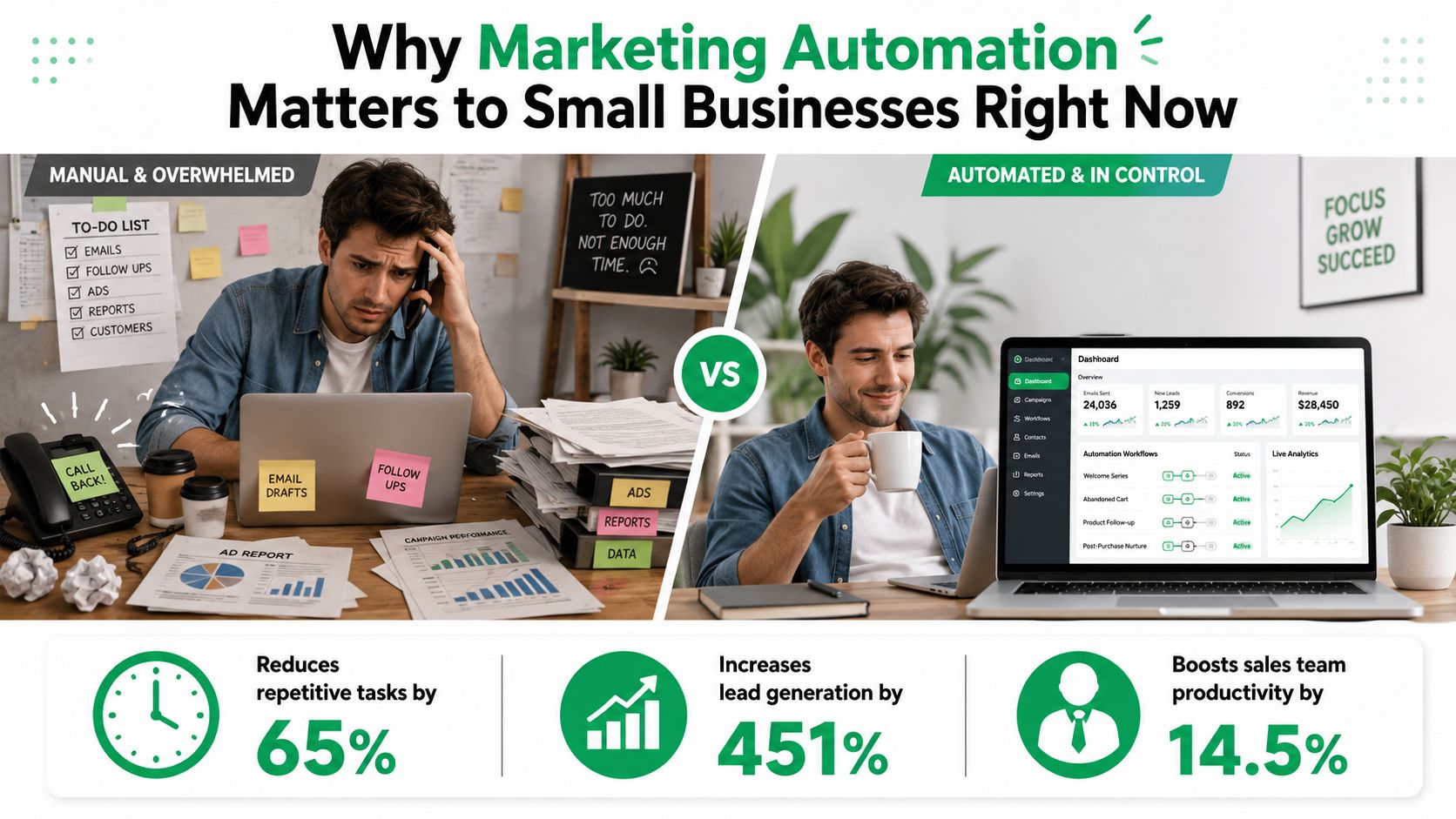 A split screen comparing a stressed business owner doing manual tasks versus one using marketing automation software.