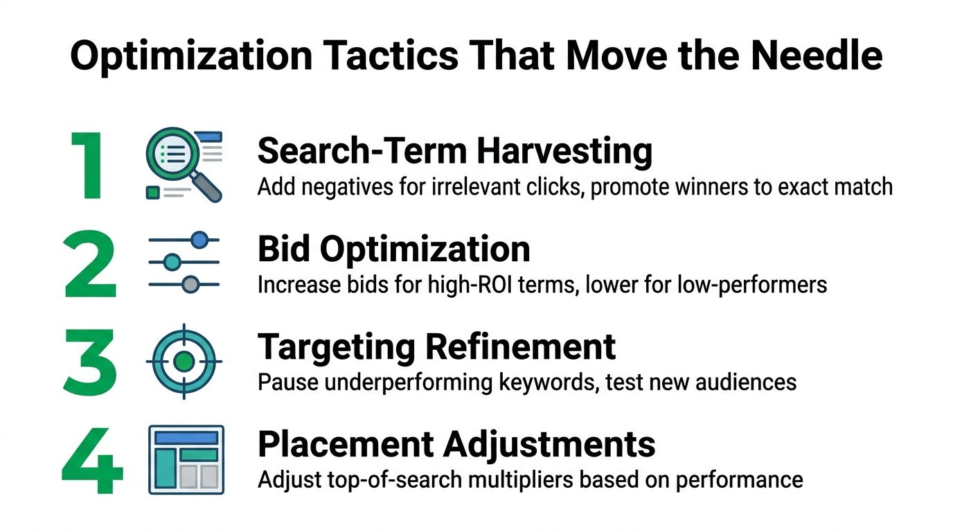A numbered list highlighting four essential optimization tactics for improving digital advertising campaign performance.