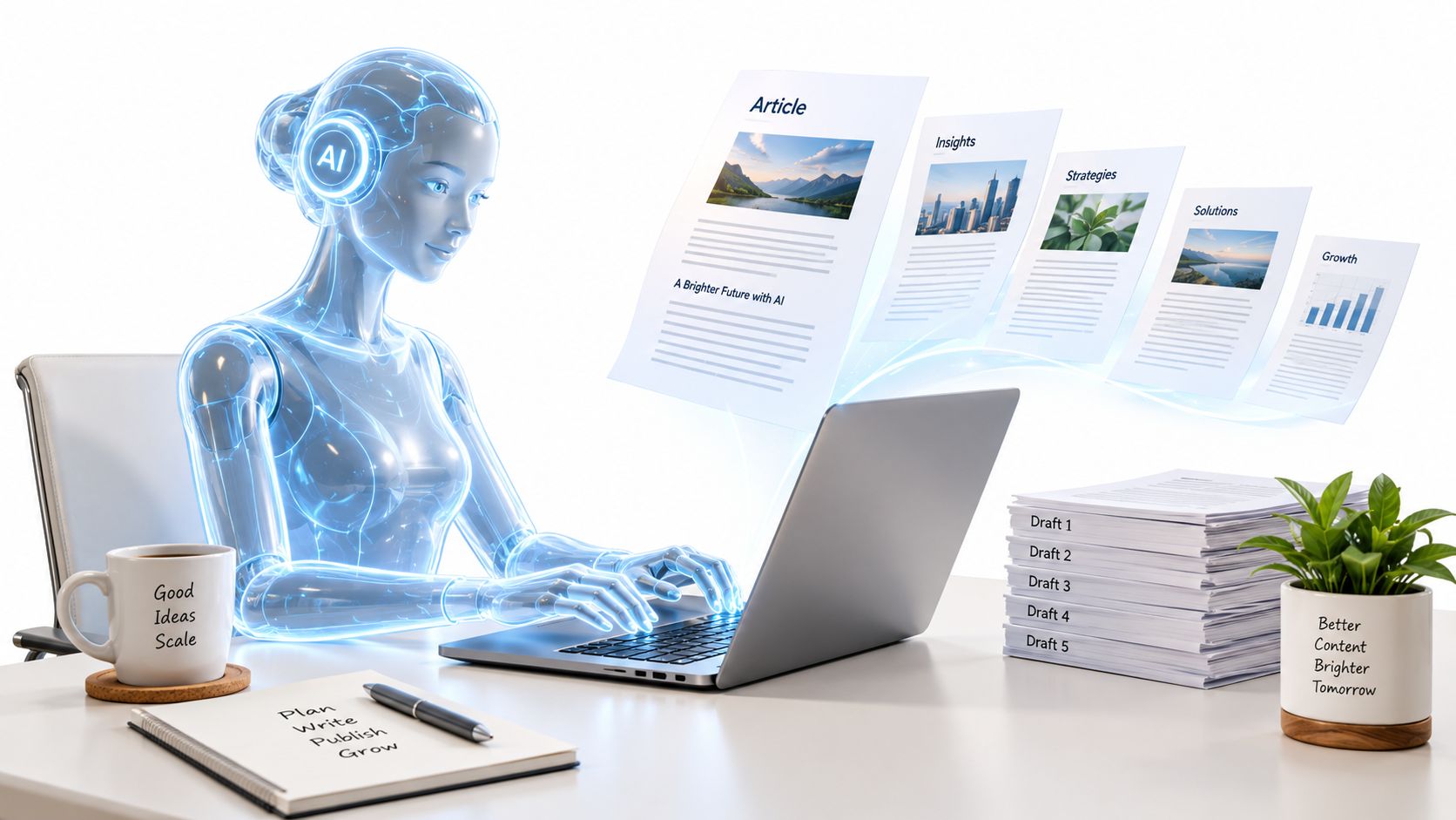 SEO Strategies for AI Tools: A futuristic AI robot working on a laptop with documents floating above a modern office desk.