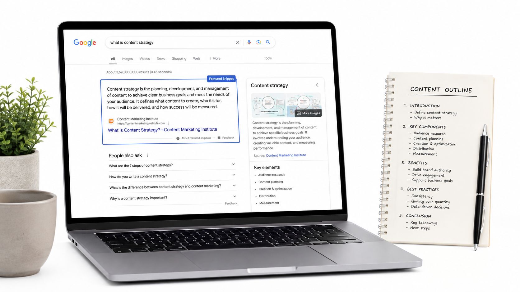 A laptop displaying a Google search for content strategy next to a notepad outlining a content plan.