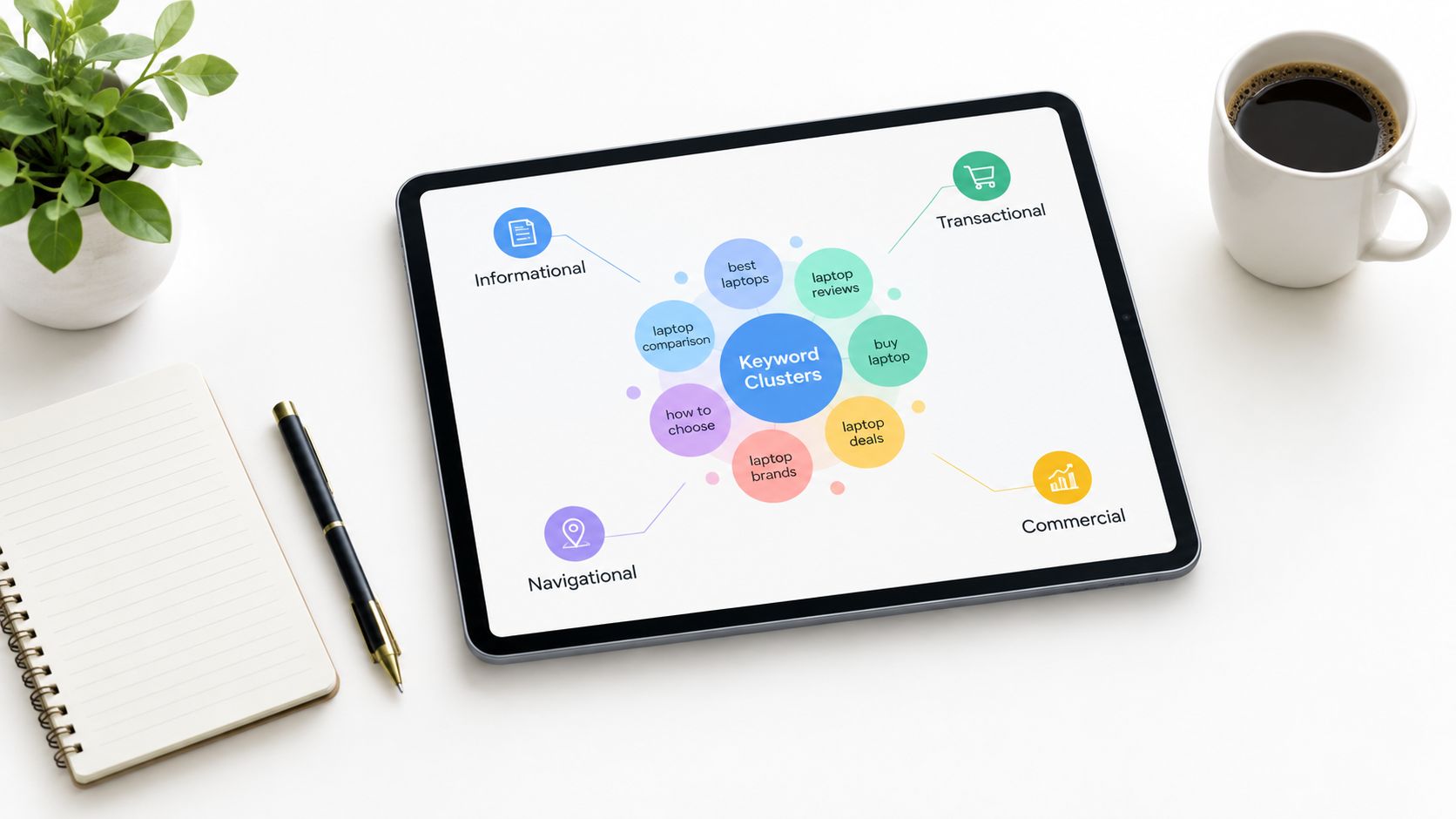 A digital tablet displaying an infographic about keyword clusters for SEO strategy with various search intent categories.