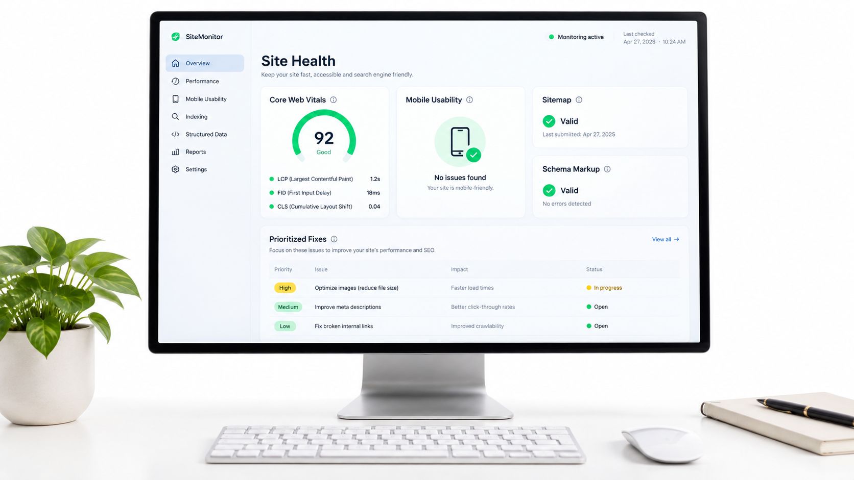 A modern computer monitor displaying a SiteMonitor dashboard showing website health, performance metrics, and prioritized SEO fixes.