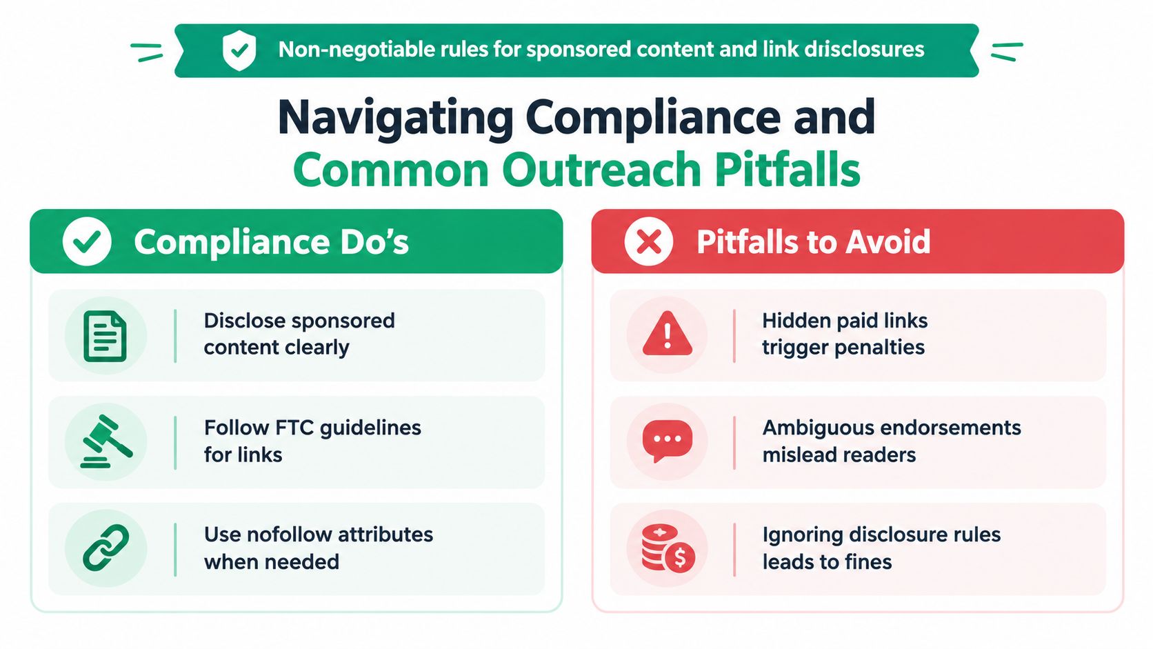 An infographic summarizing compliance rules, do's, and pitfalls for sponsored content and link disclosures in digital marketing.