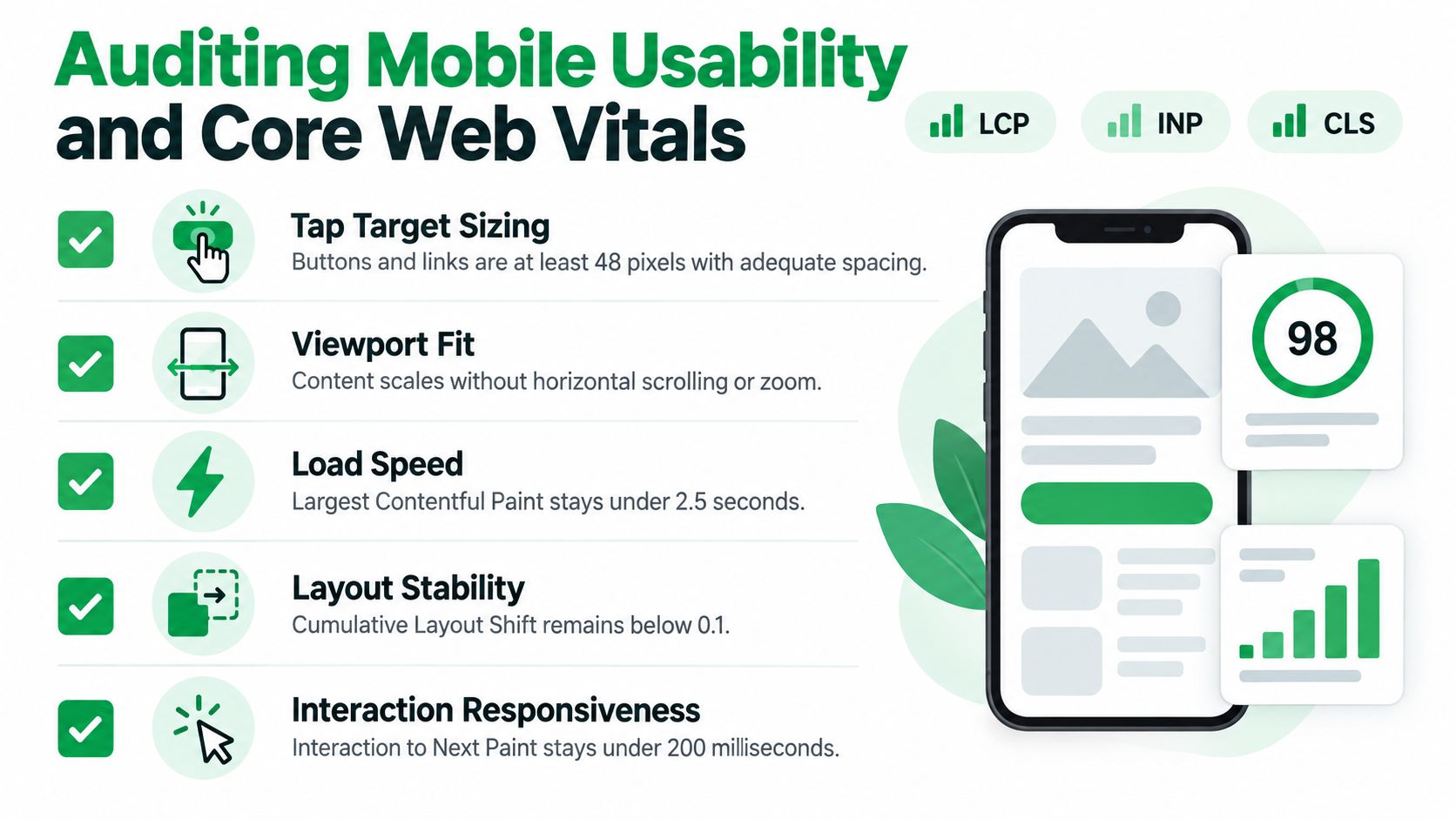 An infographic detailing five key factors for auditing mobile usability and Core Web Vitals for websites.