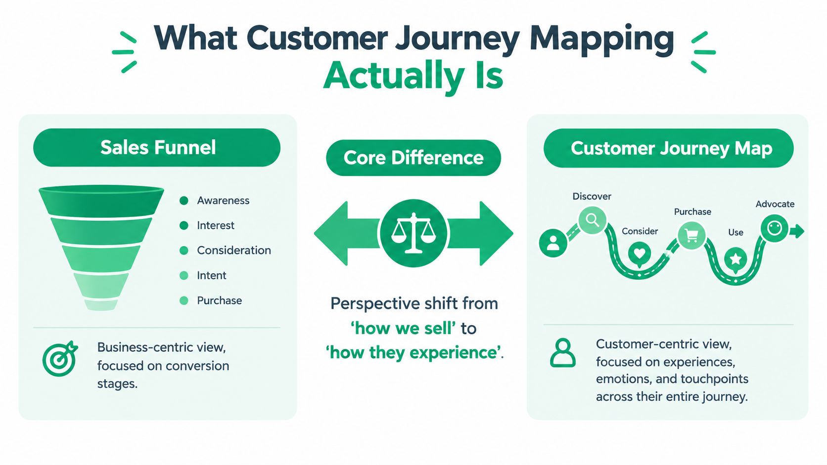 A diagram comparing a business-centric sales funnel with a customer-centric map to illustrate core differences.
