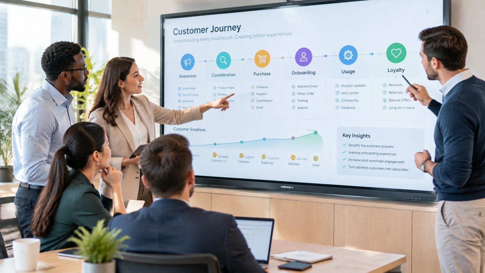 A professional team collaborating on a customer journey map presentation during a business meeting in an office.