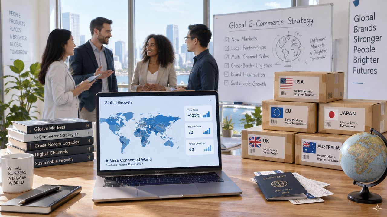 A professional team discussing global e-commerce strategy in an office with packages, maps, and laptops.