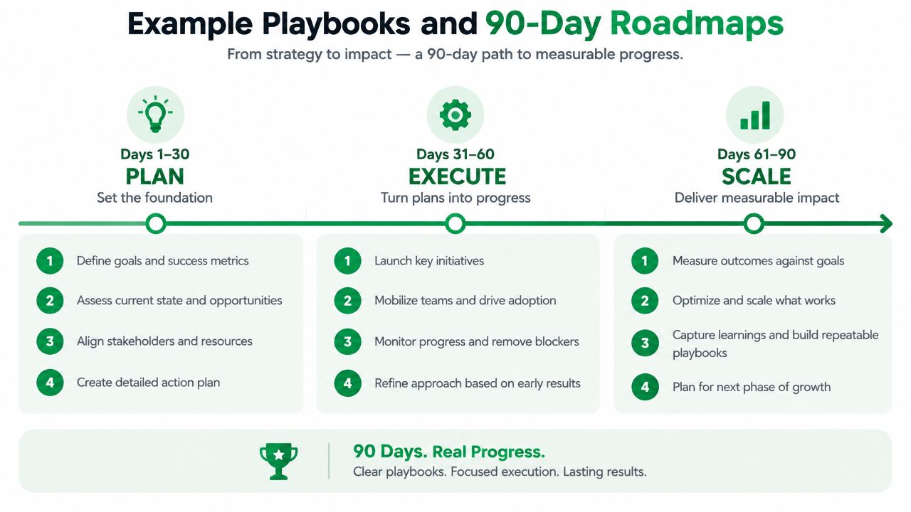 A 90-day business strategy roadmap infographic showing the three phases of plan, execute, and scale.