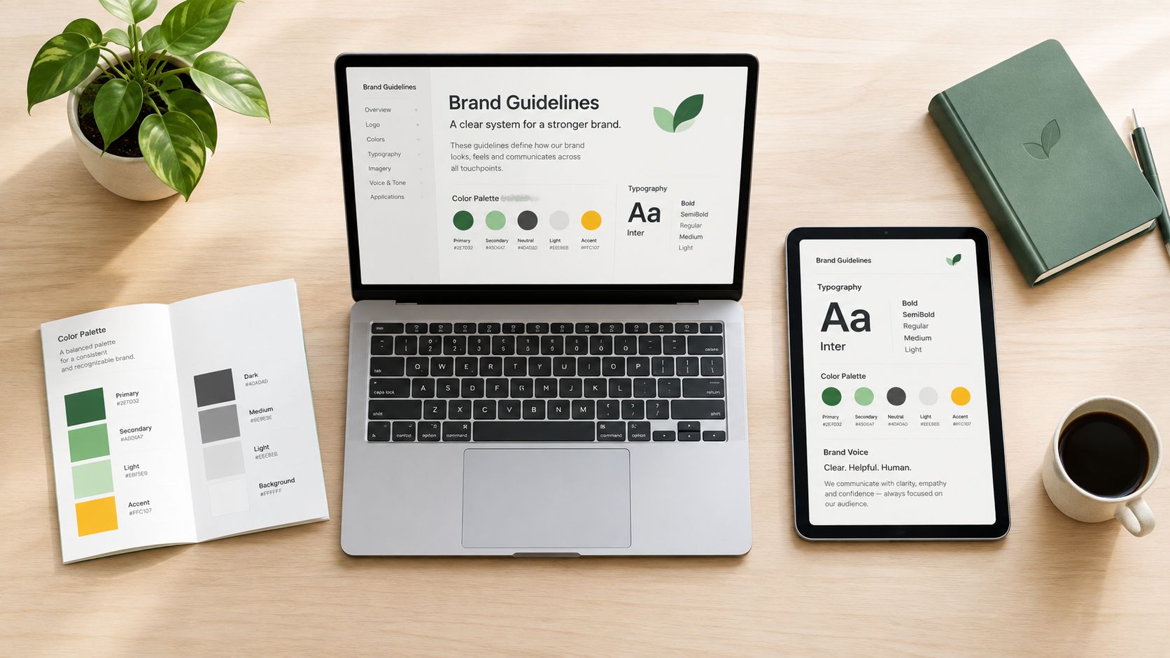 A professional desk setup with a laptop, tablet, and booklet displaying corporate brand guidelines and color palettes.
