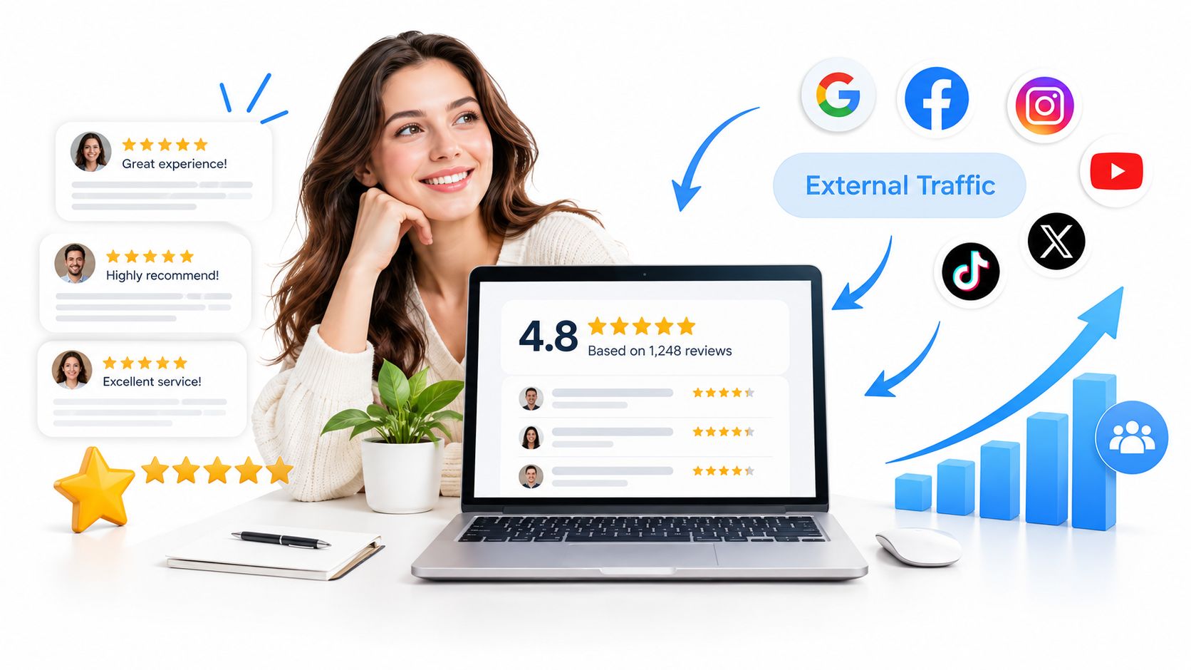 A woman smiling behind a laptop showing online customer reviews, ratings, and social media traffic growth graphs.