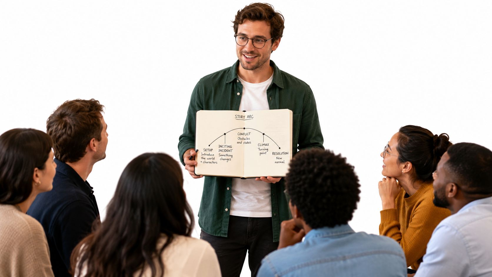 A man explaining a story arc diagram on an open notebook to a diverse group of people.
