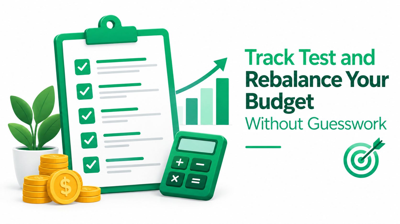A 3D illustration of a budget checklist with a calculator, gold coins, and a plant.