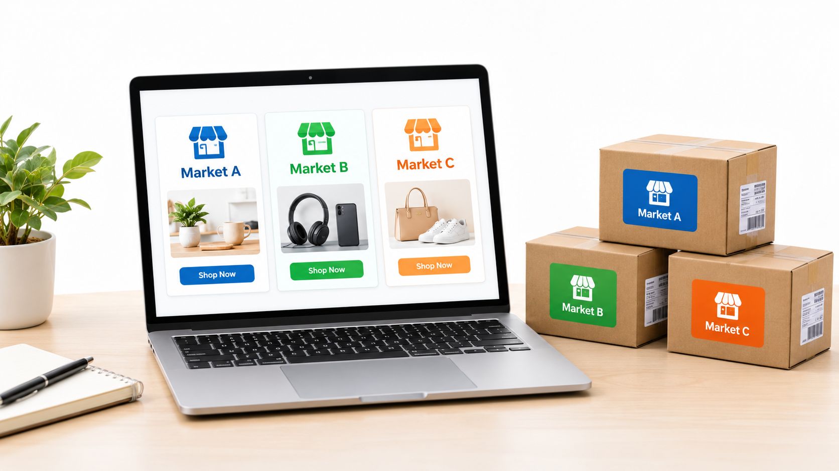 A laptop displaying three marketplace shop options next to shipping boxes labeled Market A, B, and C.