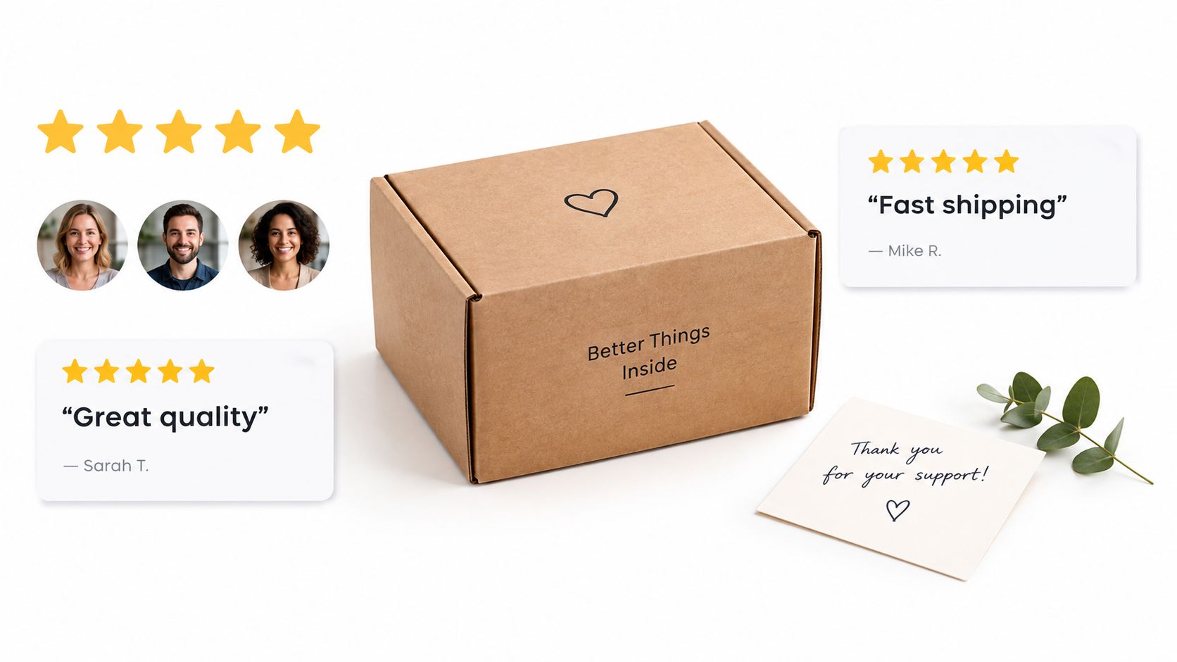 Marketplace Growth Strategies: A cardboard shipping box with customer reviews and a handwritten thank you note on a white background.
