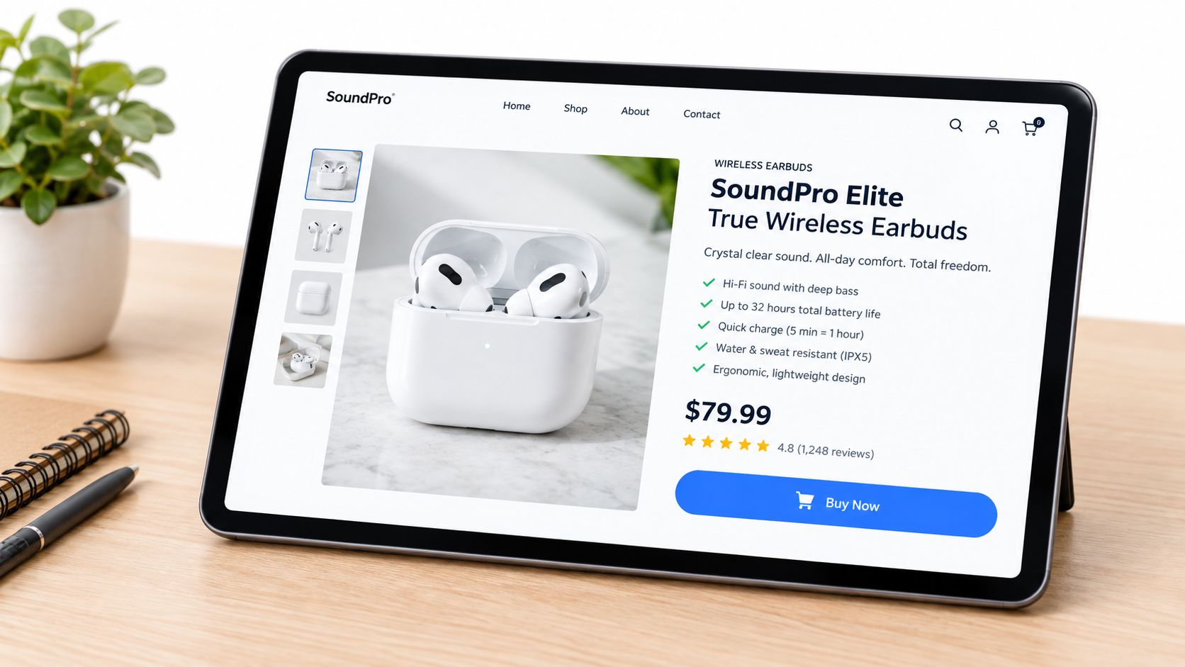 A digital tablet displaying a product page for SoundPro Elite wireless earbuds on a wooden desk.