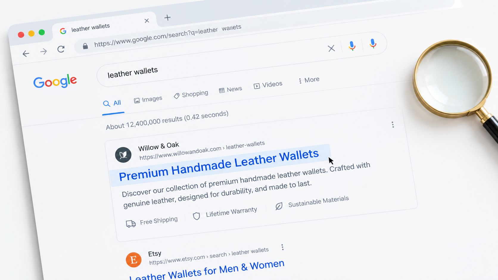 A browser window displaying a Google search results page for leather wallets with a magnifying glass nearby.