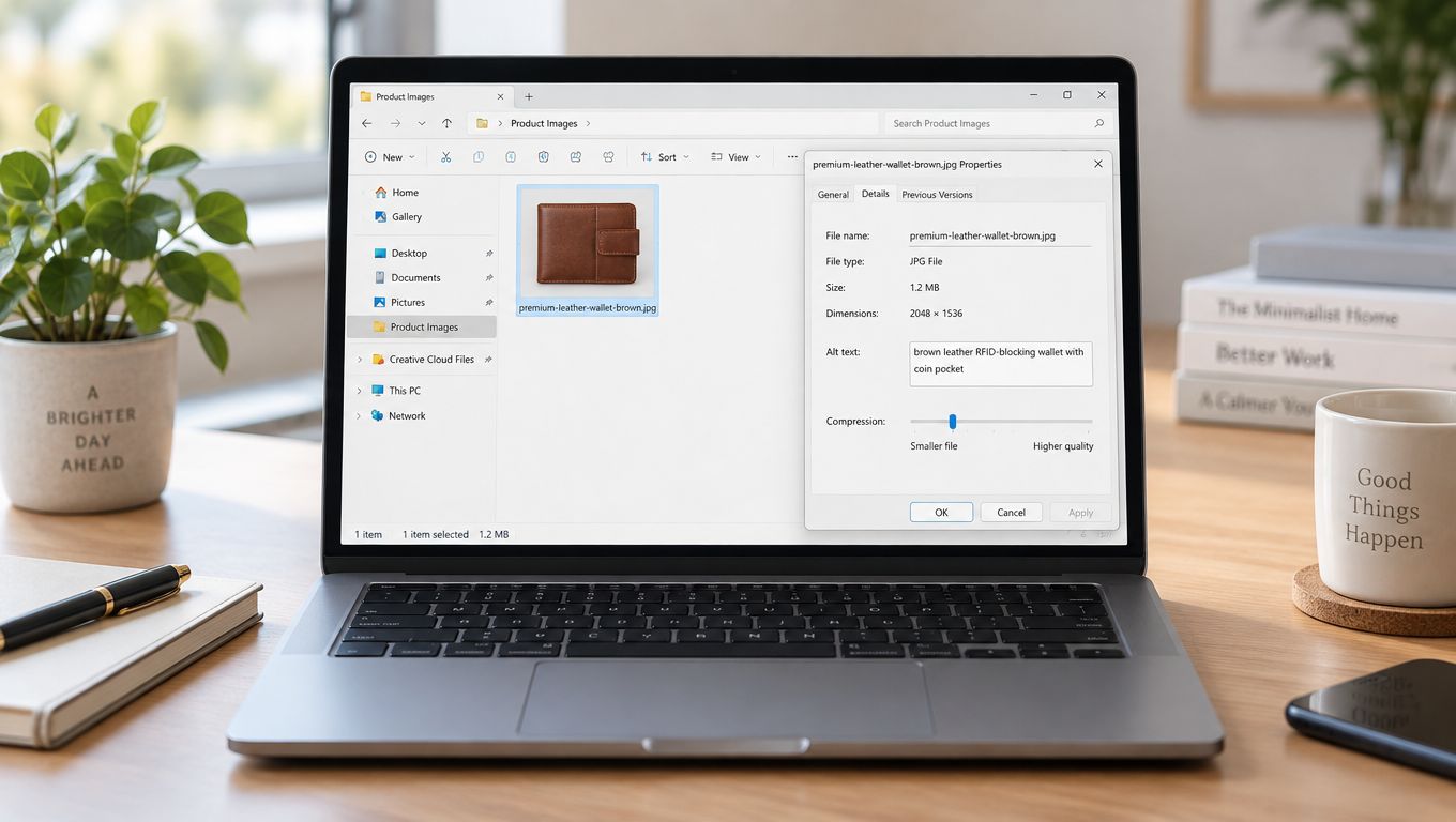 A modern laptop on a wooden desk showing a product image property settings window on screen.