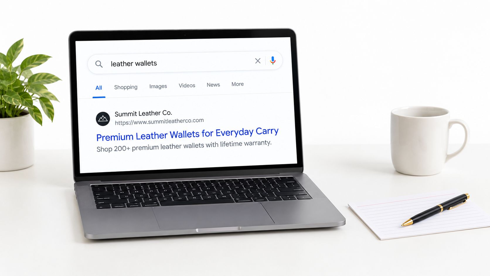 A modern laptop on a white desk displaying a Google search result for leather wallets.