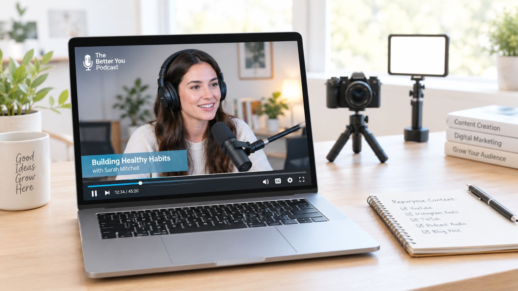 A laptop on a wooden desk displaying a podcast episode about building healthy habits with professional equipment.