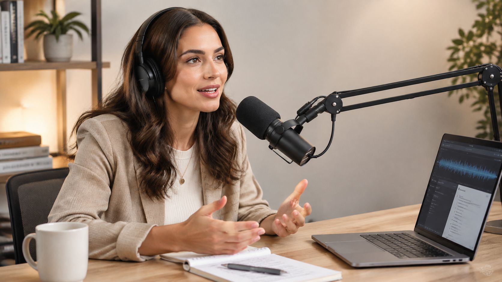 A woman wearing headphones speaking into a professional microphone during a podcast recording session at her desk.