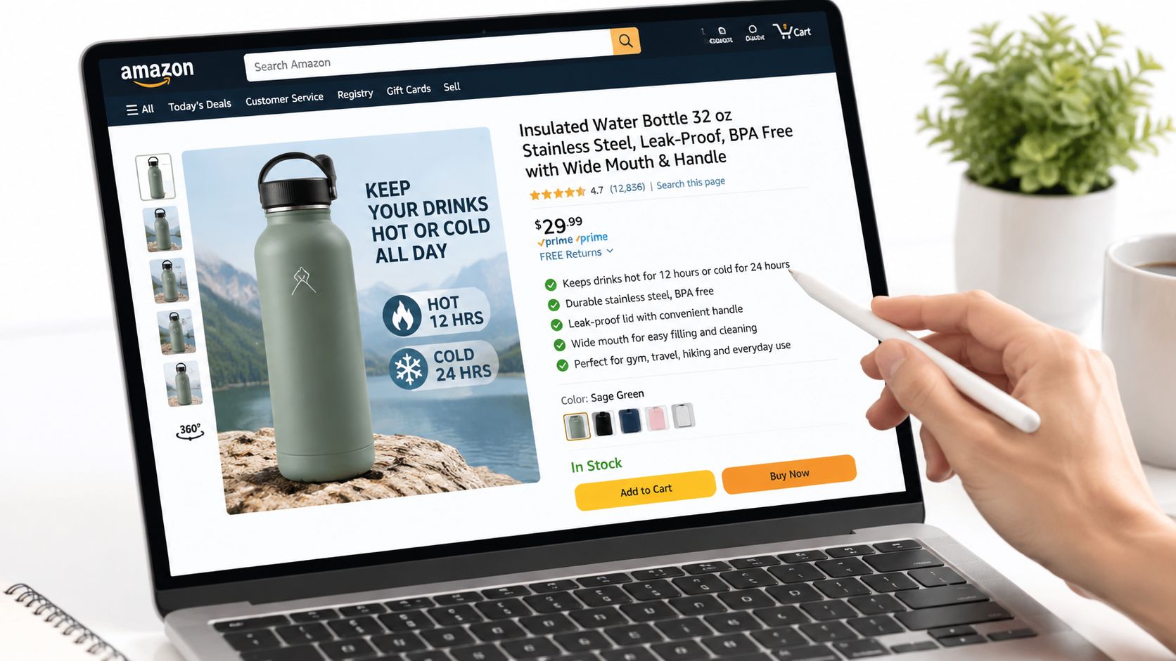 A hand using a digital pen to browse an Amazon product page for a sage green insulated water bottle.