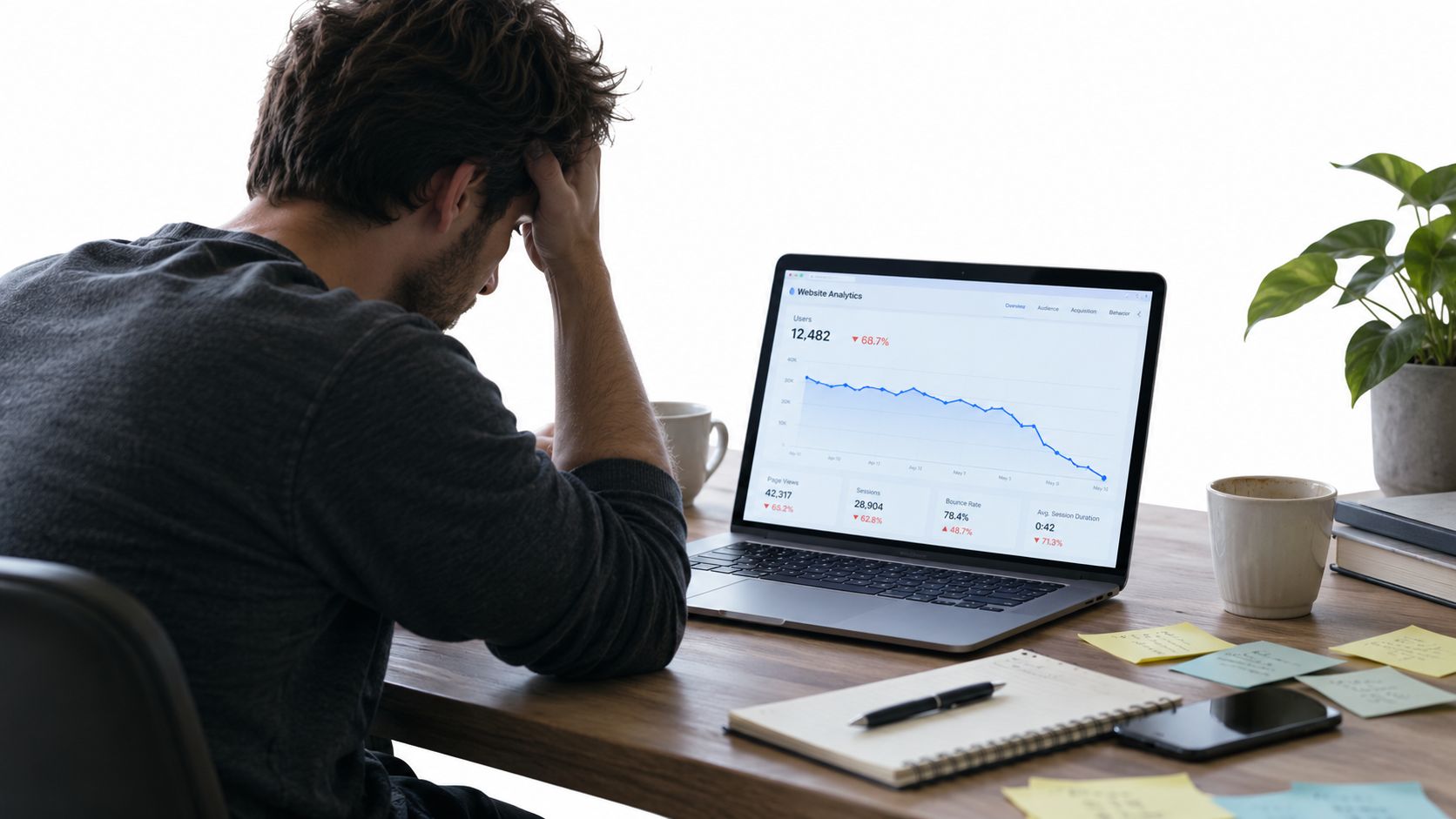 A frustrated man sits at a desk looking at a laptop showing declining website analytics and performance data.