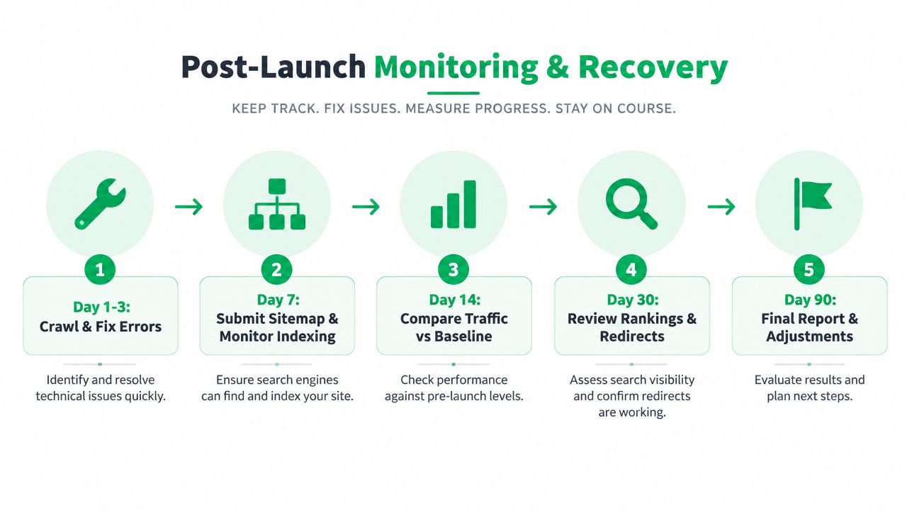 A five-step post-launch monitoring and recovery roadmap for website SEO, outlining tasks from day one to day ninety.