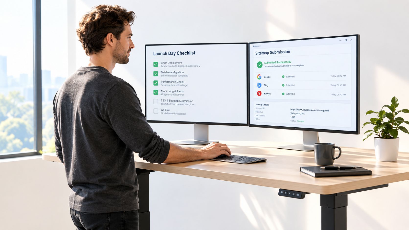A professional man standing at a height-adjustable desk while monitoring website migration and sitemap submission progress.