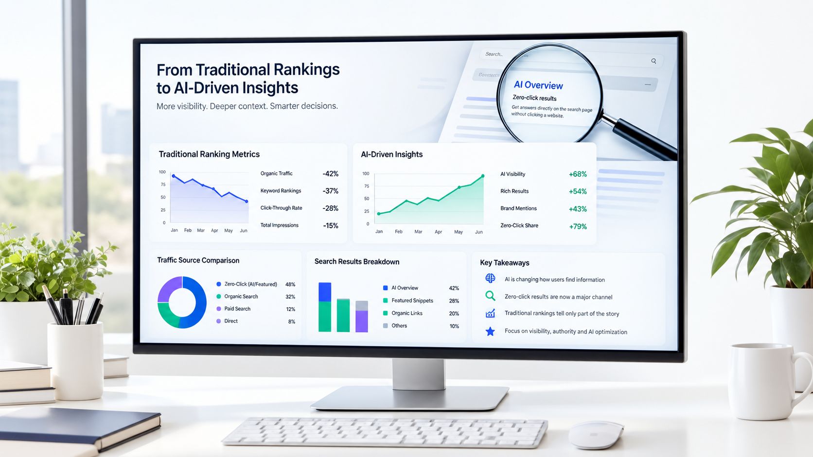 A digital display showing a comparative analytics dashboard between traditional SEO ranking metrics and AI-driven insights.