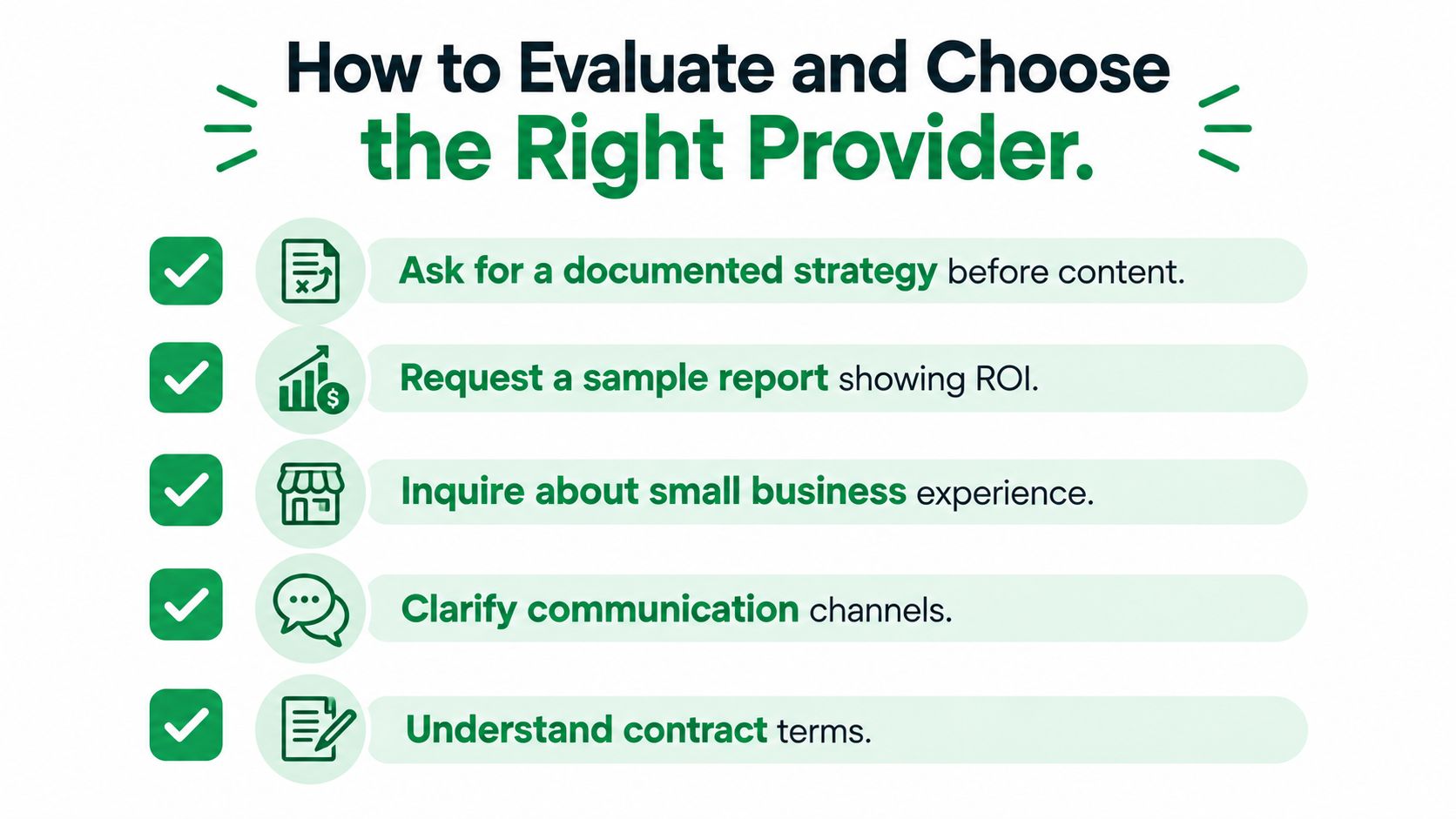 A checklist infographic titled How to Evaluate and Choose the Right Provider for business services.