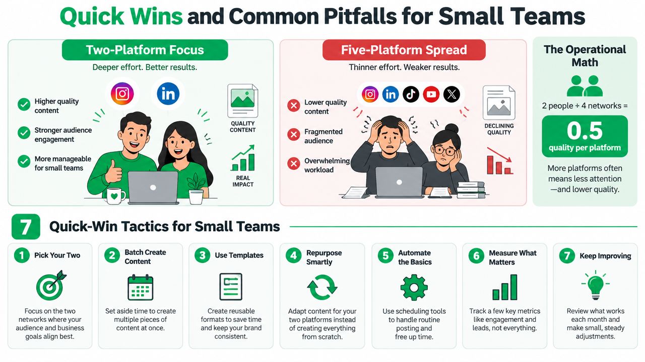 An infographic comparing focused versus fragmented social media strategies for small marketing teams to improve content quality.