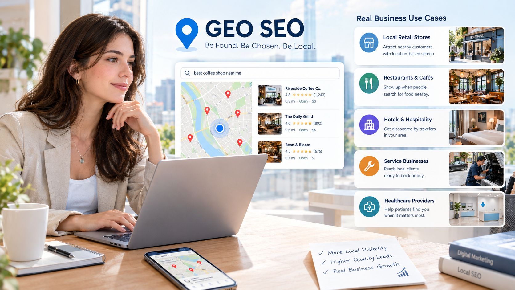 A businesswoman working on a laptop with an infographic display explaining how Geo SEO boosts local business visibility.
