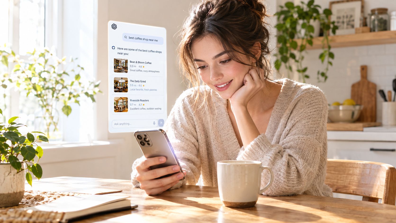 A woman holding a smartphone while sitting at a table with a coffee, viewing AI-generated search results.
