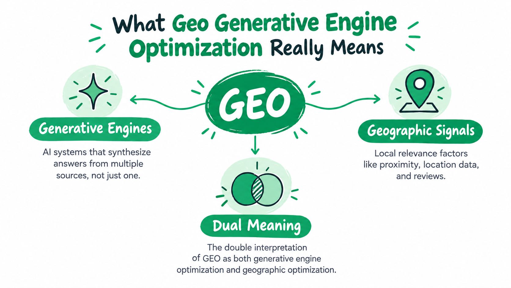 A diagram explaining Geo Generative Engine Optimization, showcasing generative engines, geographic signals, and the concept's dual meaning.