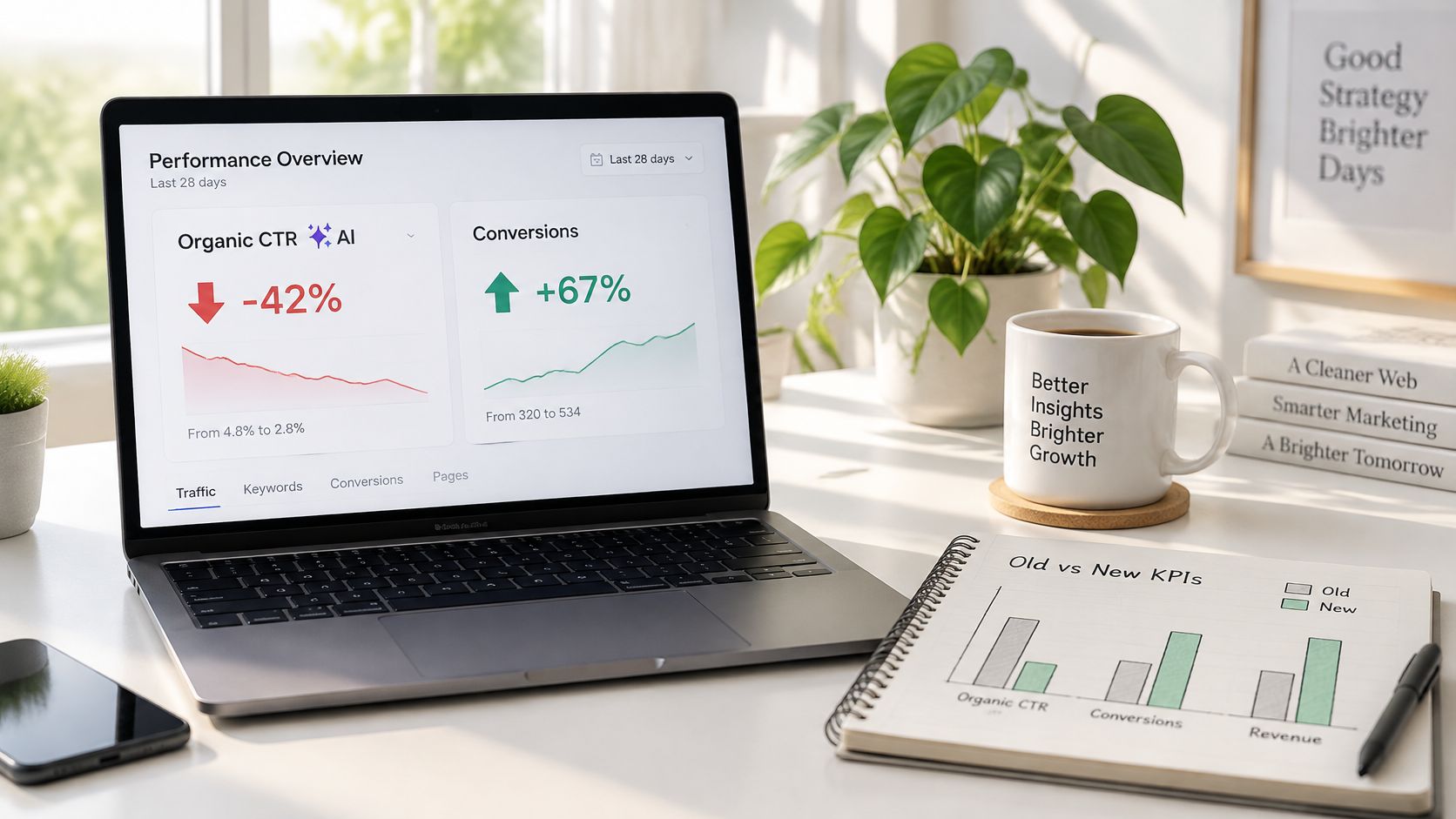 A laptop on a desk showing marketing performance metrics with an open notebook displaying KPI comparisons.