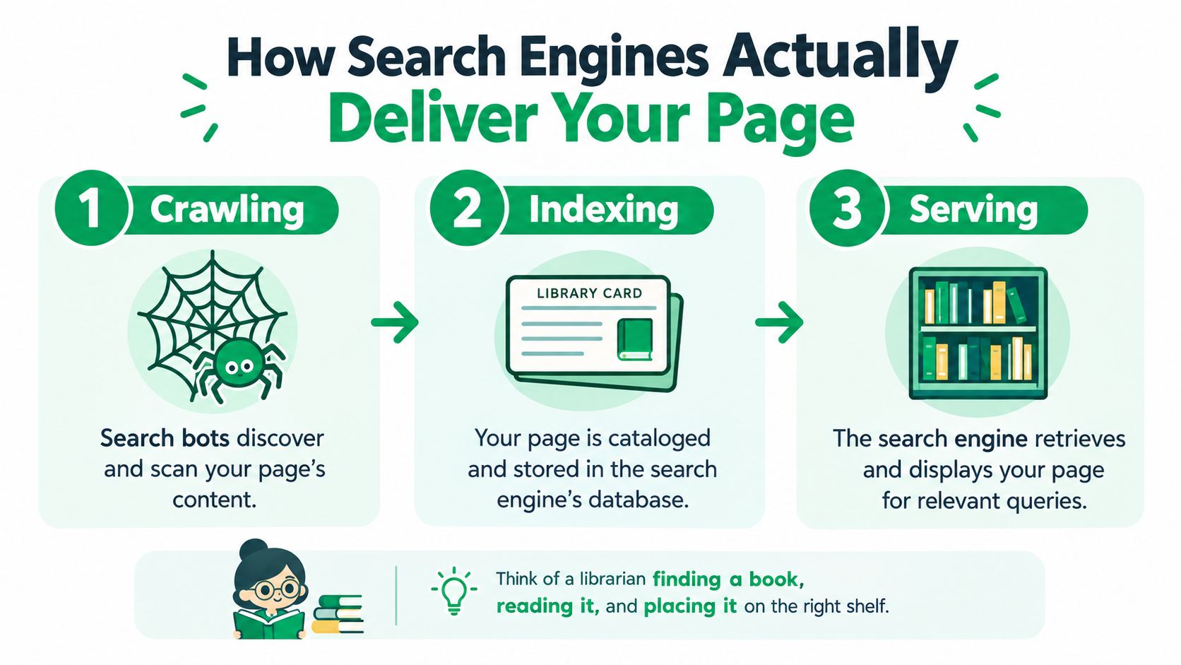 A diagram illustrating the three steps of how search engines deliver pages: crawling, indexing, and serving.