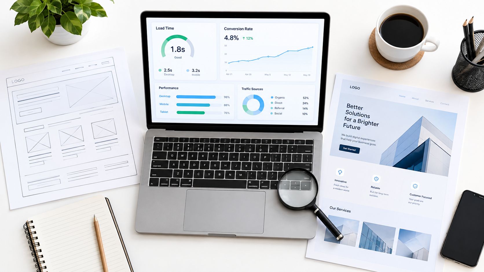 A professional desk setup featuring a laptop displaying website analytics, a wireframe sketch, and design documents.