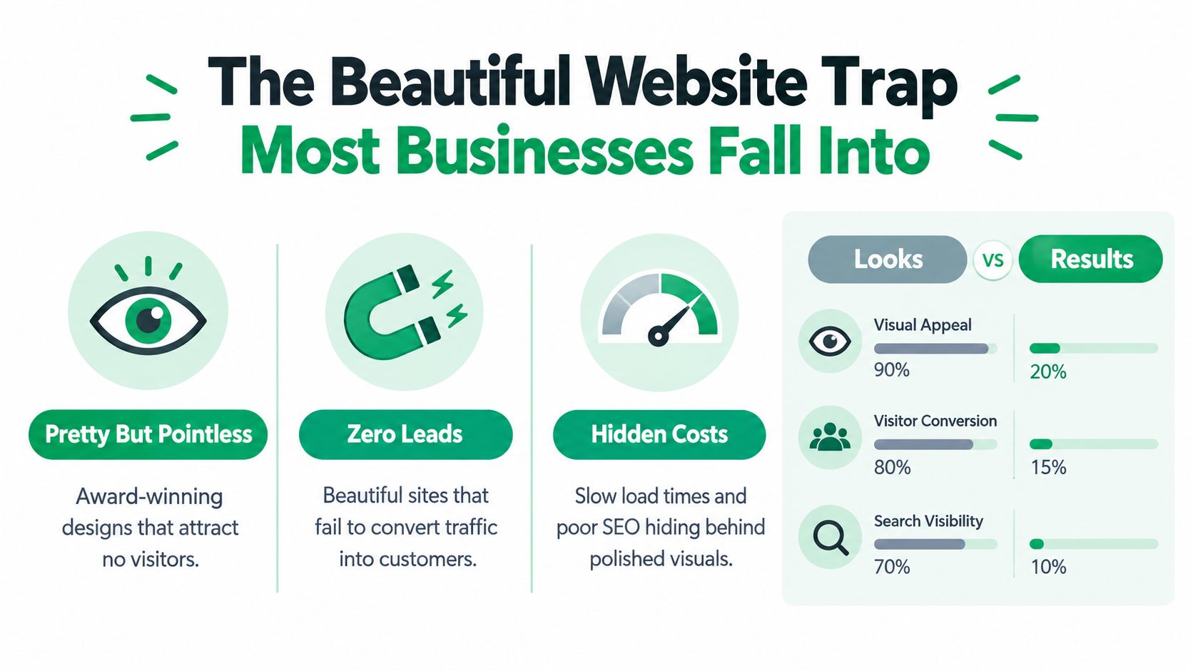 An infographic illustrating the common pitfalls of prioritizing website aesthetics over functional results and business performance.