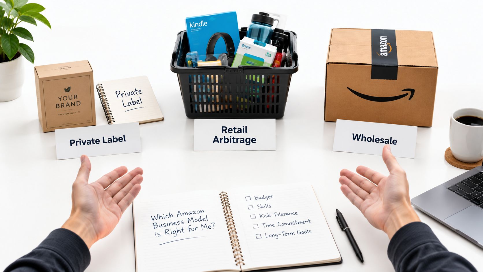 A person evaluating different Amazon business models like private label, retail arbitrage, and wholesale at a desk.