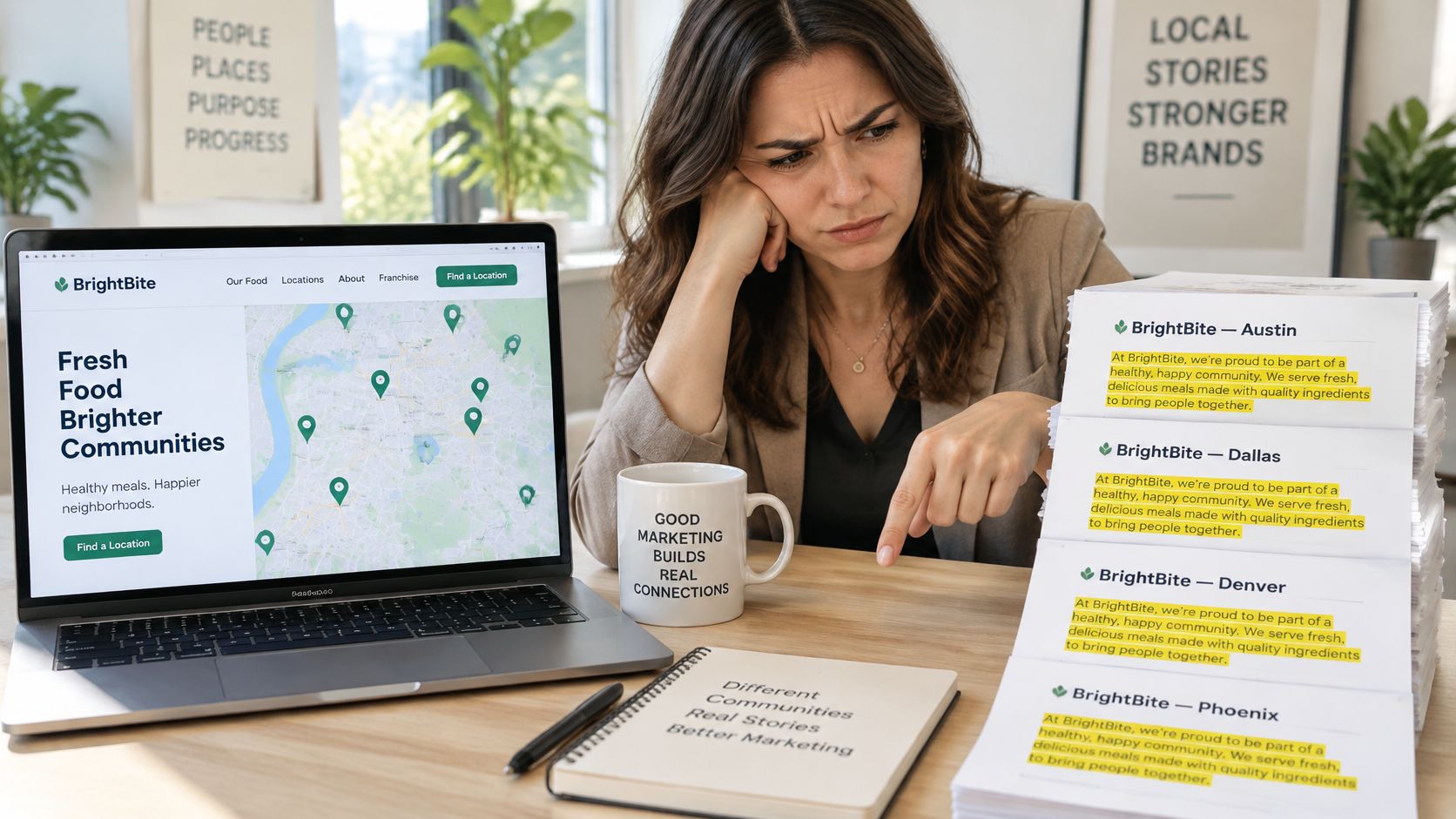 A concerned woman analyzing repetitive marketing content on printed pages for different restaurant franchise locations.