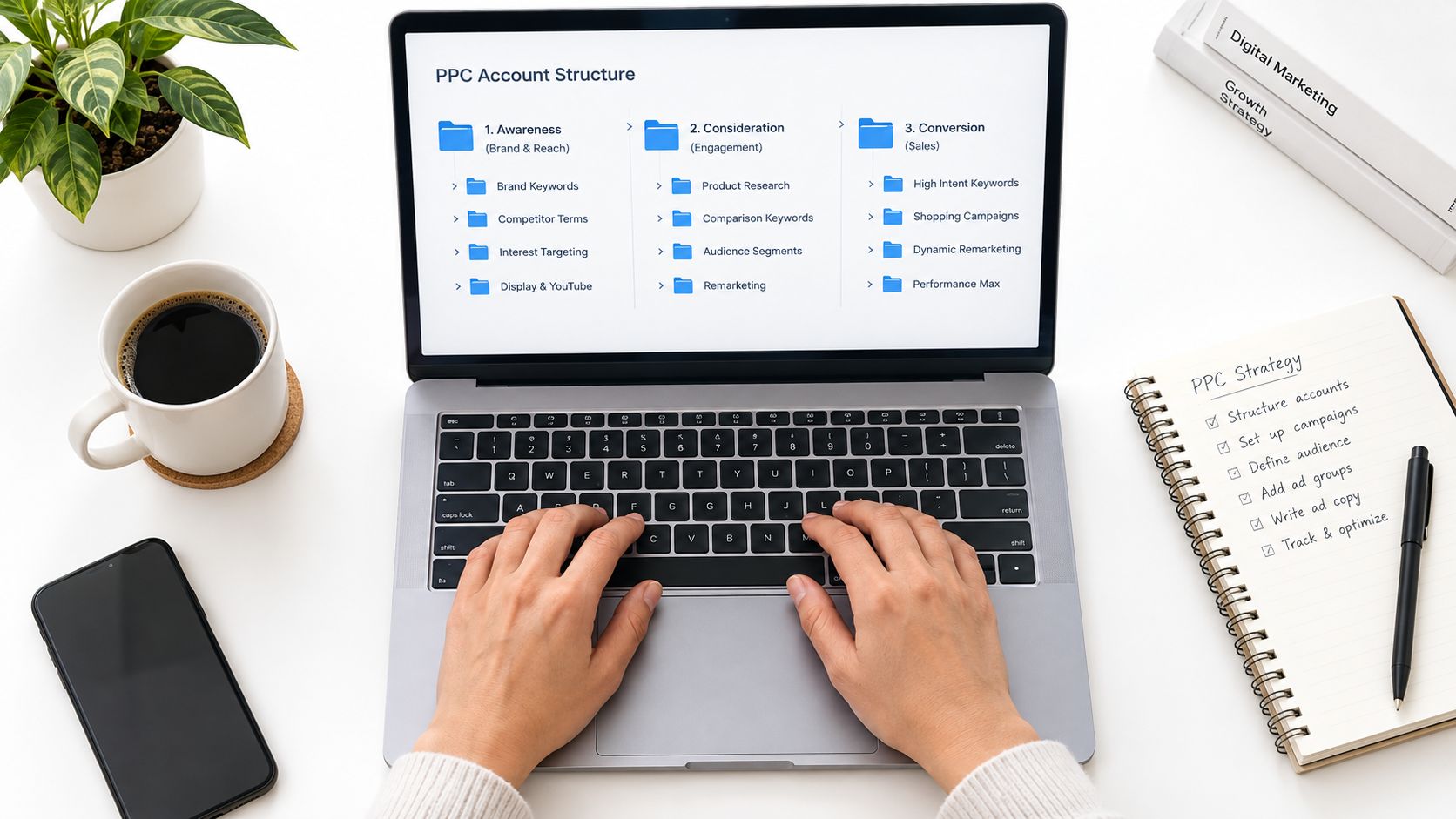 A person typing on a laptop displaying a PPC account structure diagram next to a planner.