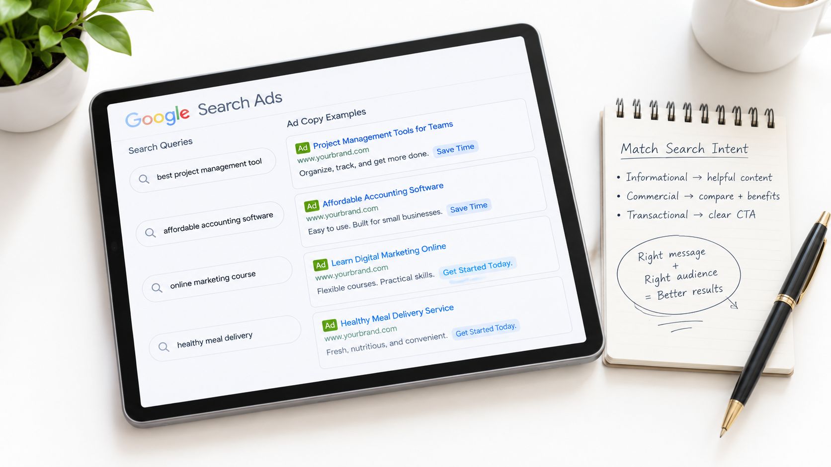 A digital tablet displaying Google search ad examples next to a notebook explaining search intent strategies.