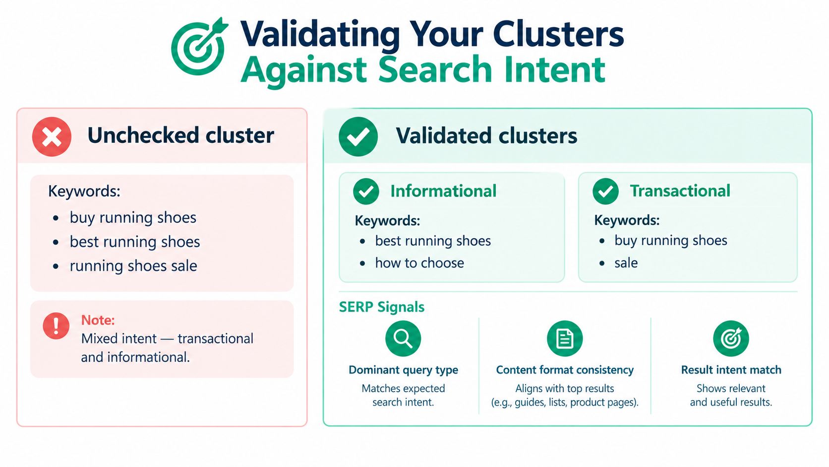 A diagram comparing an unchecked cluster with mixed intent against two validated clusters with specific search intents.