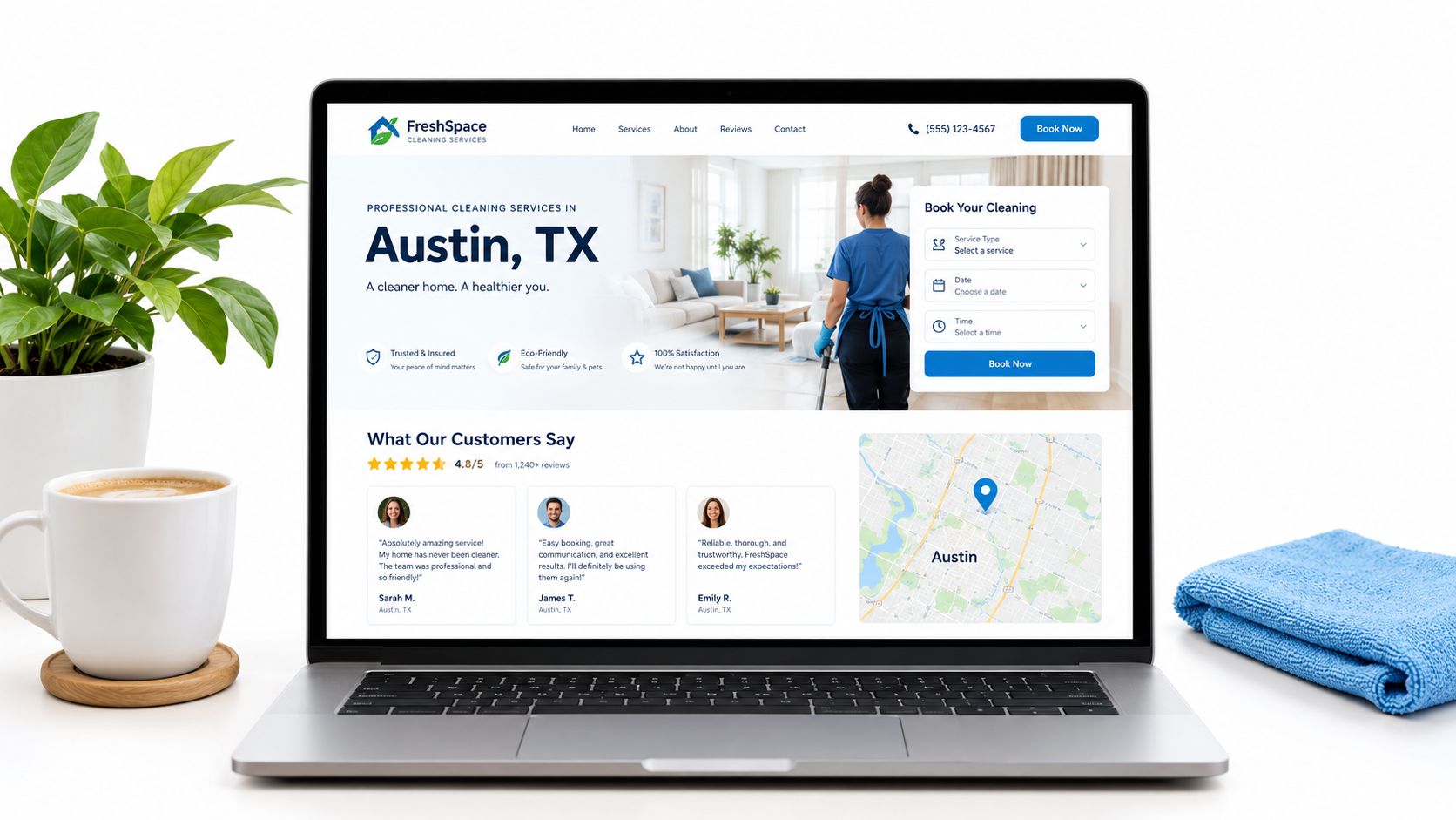 A laptop screen displaying the FreshSpace cleaning services website with booking options and customer testimonials for Austin.